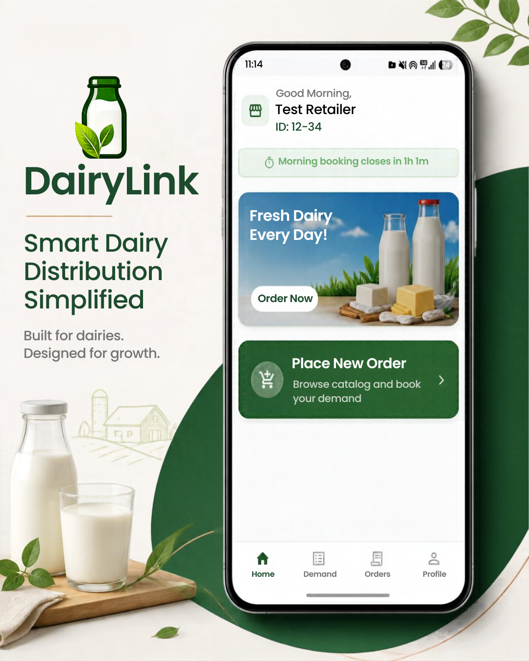 DairyLink Screen 1 &mdash; Home Dashboard & Morning Shift Countdown
