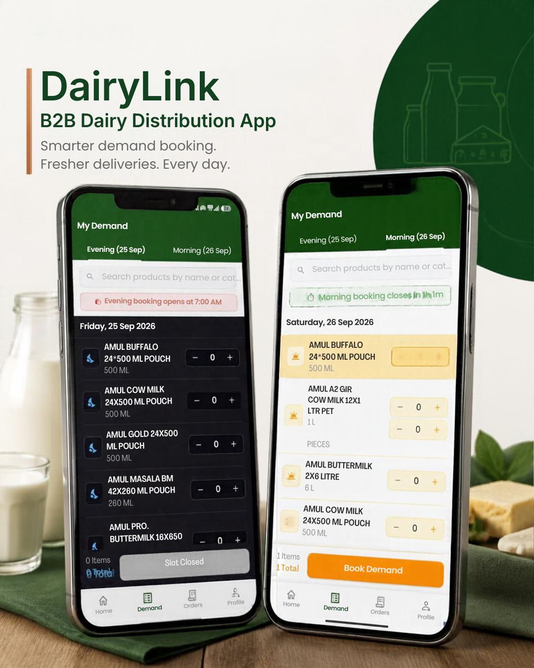 DairyLink Screen 2 &mdash; Demand Booking & Multi-SKU Catalog