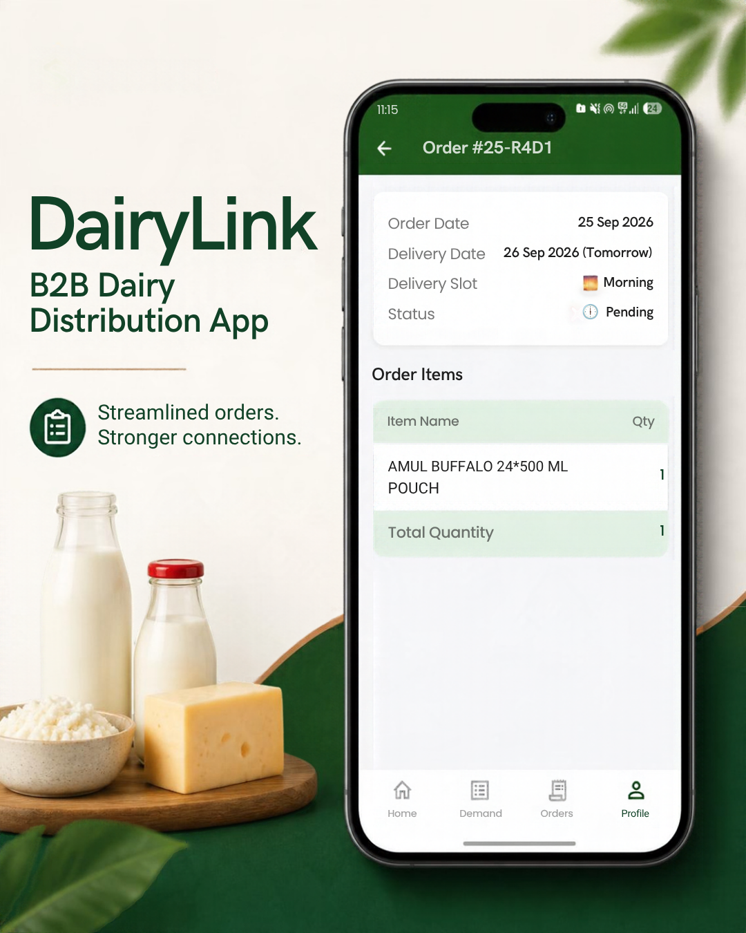 DairyLink Screen 3 &mdash; Order Tracking & Delivery Details
