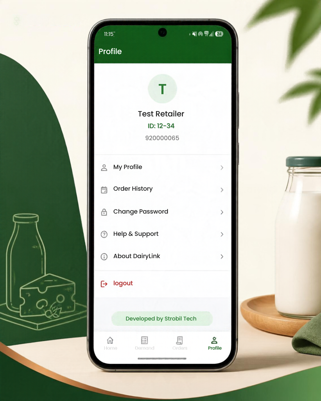 DairyLink Screen 5 &mdash; Retailer Profile & Account Settings